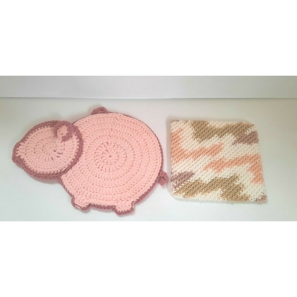 Lot‎ of 2 Handmade Crochet Hot Pad Double Thickness 100% Cotton Pig Shape New